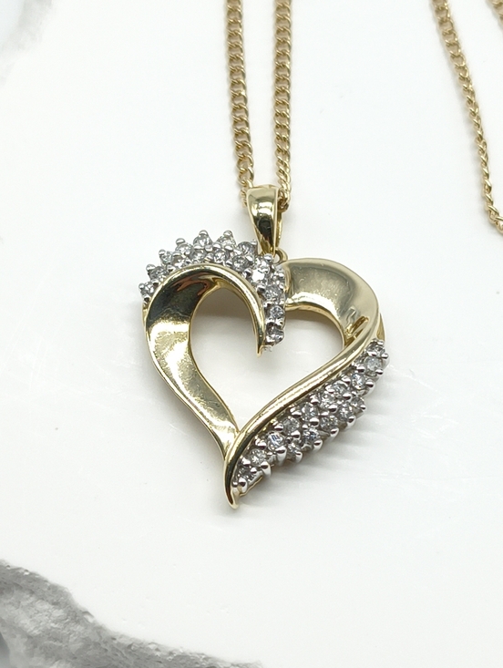 14k Yellow Gold Diamond Cluster Open Heart Pendant Necklace - Picture 6 of 13